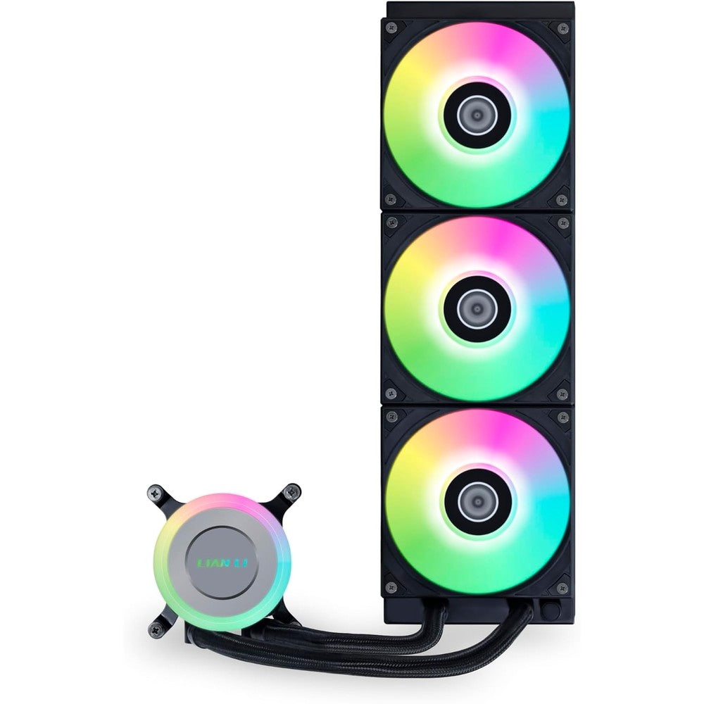 Lian Li Galahad II Lite ARGB Liquid CPU Cooler front view highlighting the black three hundred sixty millimeter radiator and three pre-installed fans