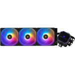Thermalright Frozen Prism 360 Black ARGB CPU Liquid Cooler front view showing the mirrored pump block and triple RGB fans.