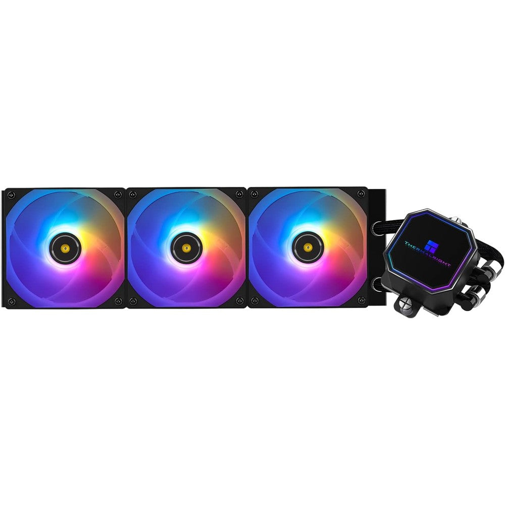 Thermalright Frozen Prism 360 Black ARGB CPU Liquid Cooler front view showing the mirrored pump block and triple RGB fans.
