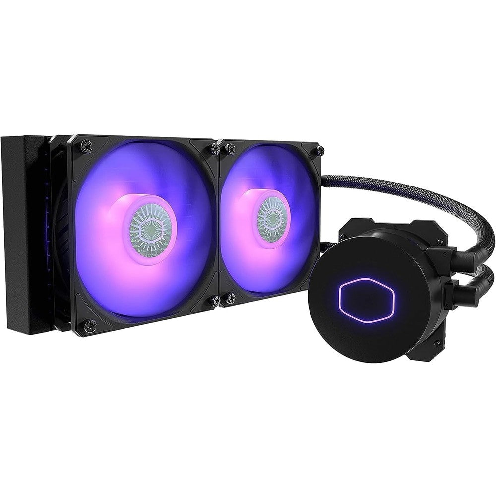 Cooler Master MasterLiquid ML240L RGB V2 liquid cooler front view showing glowing pump and dual fans.