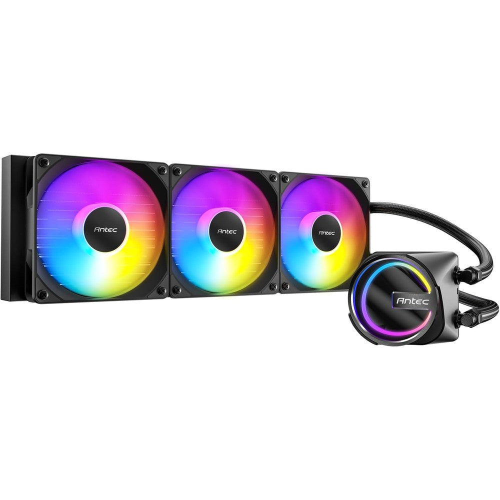 Antec Skeleton 360 ARGB liquid CPU cooler front view showing illuminated skeletal pump head