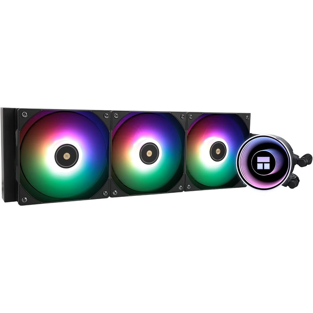 Thermalright Frozen Notte 360 Black ARGB V2 liquid CPU cooler front view showing radiator and three fans.