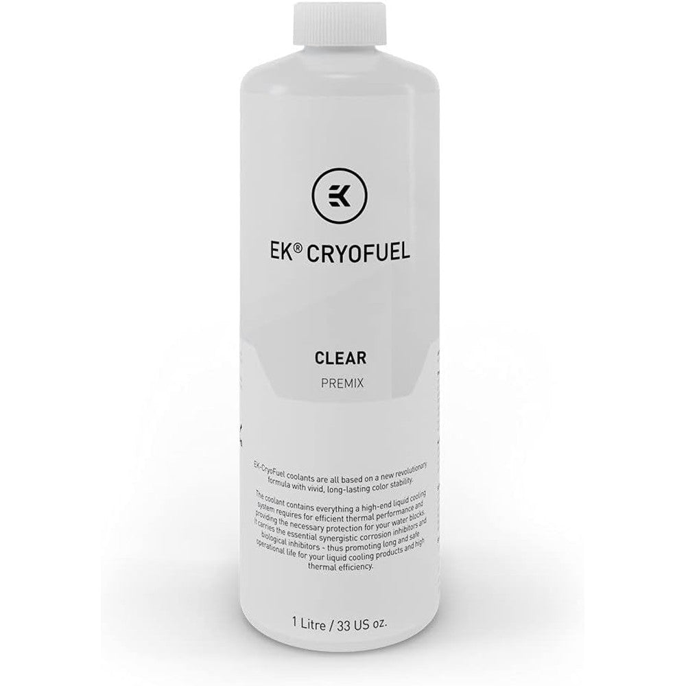 EKWB EK-CryoFuel Clear Premix PC Coolant one liter bottle front view for computer liquid cooling loops.