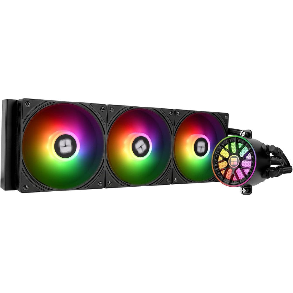 Thermalright Aqua Elite 360 V6 ARGB Black CPU Liquid Cooler front view showcasing the triple fan radiator configuration.