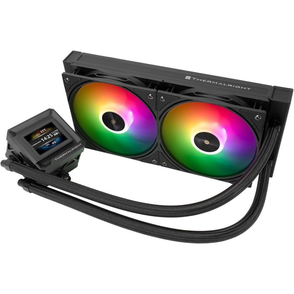 Thermalright Frozen Warframe 240 SE ARGB Black liquid CPU cooler front view showing the square LCD screen on the pump block.