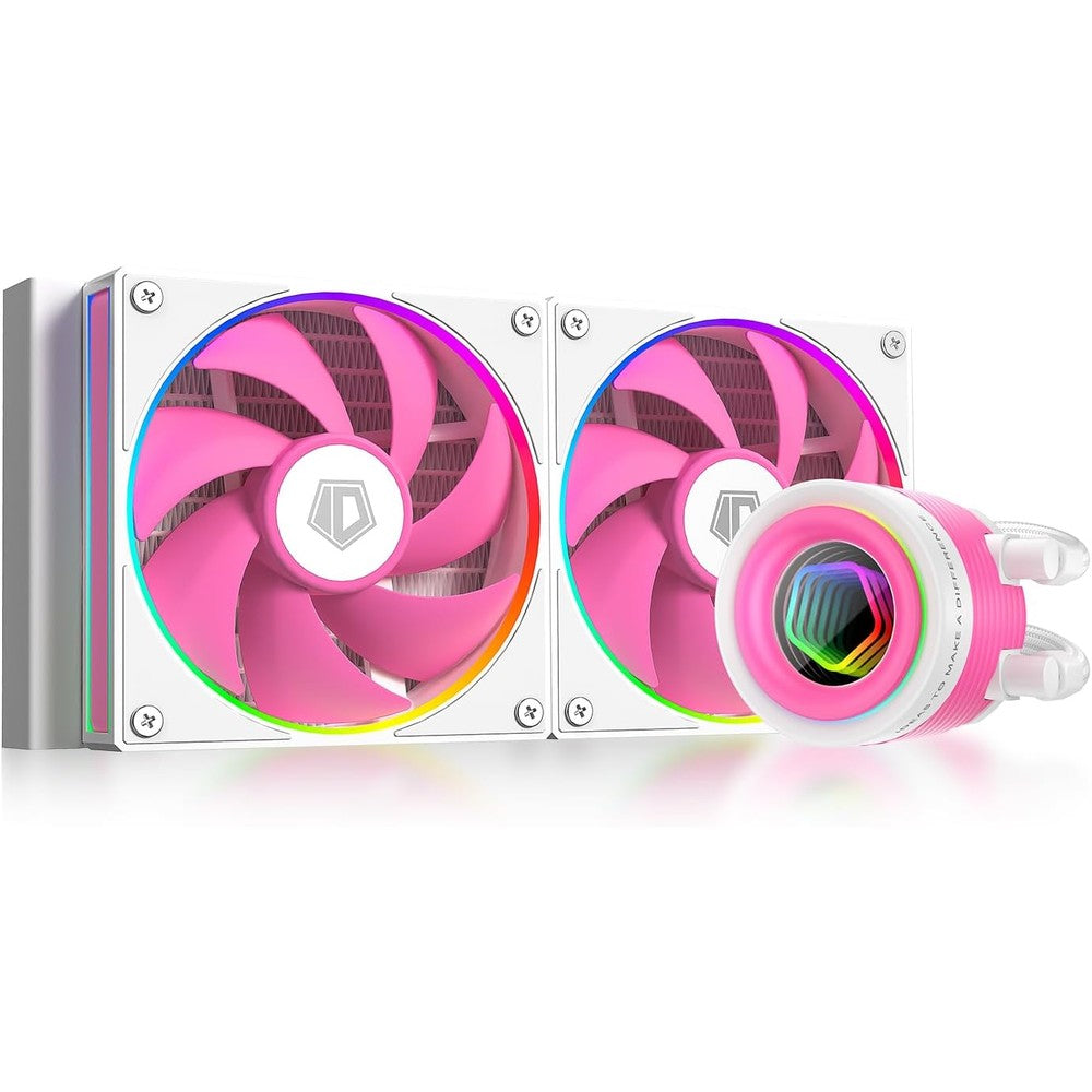 ID-COOLING FX240 INF Pink Edition liquid CPU cooler front view showing pink infinity mirror pump block and dual fans.