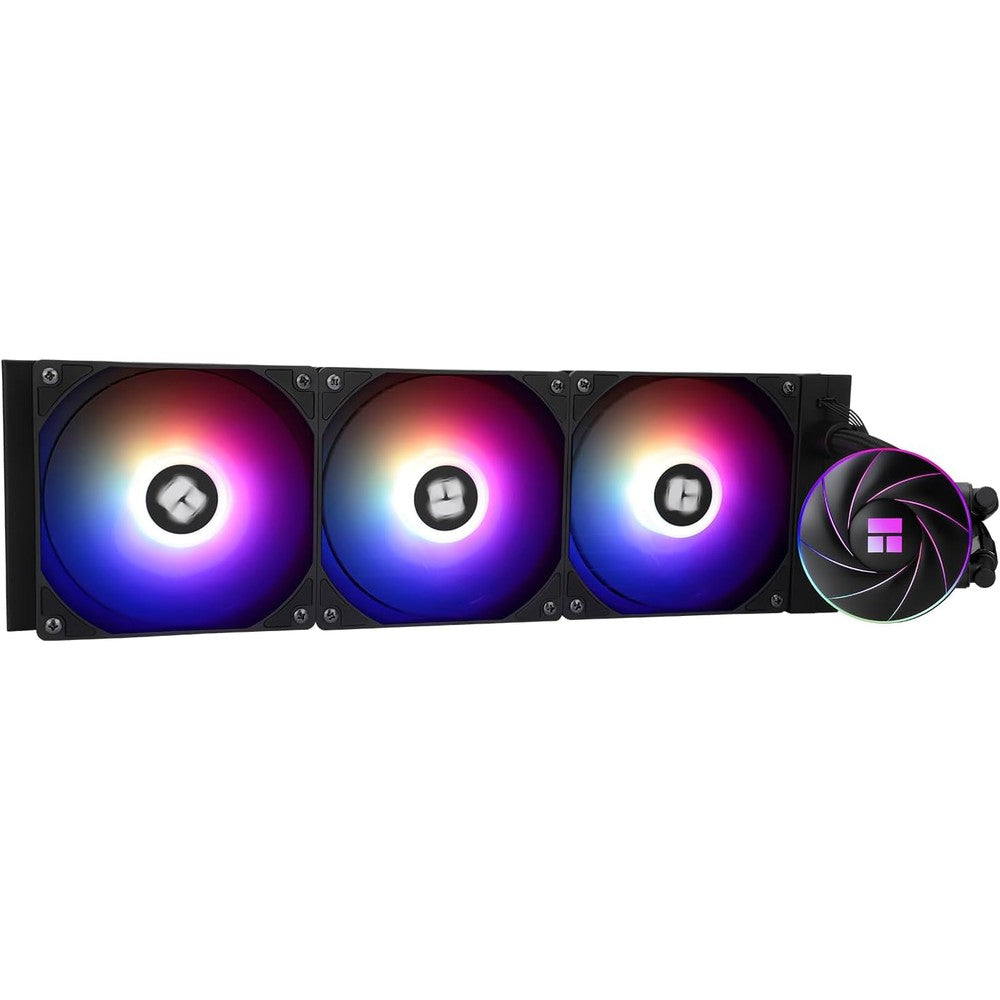Thermalright Aqua Elite 360 ARGB V4 Liquid CPU Cooler front view showcasing the triple fan radiator configuration and glowing pump head.
