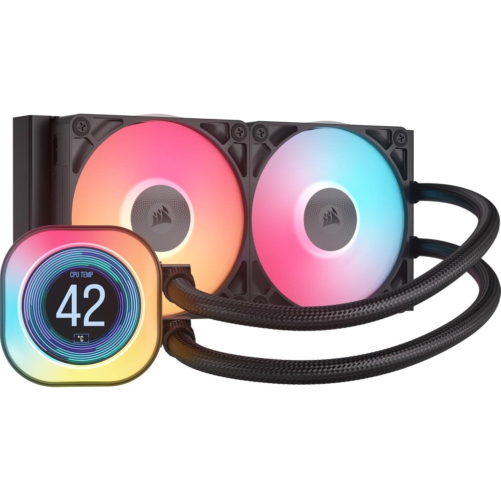 Corsair iCUE Link Titan 240 RX LCD liquid CPU cooler front view showing the liquid cooling pump display screen and radiator fans