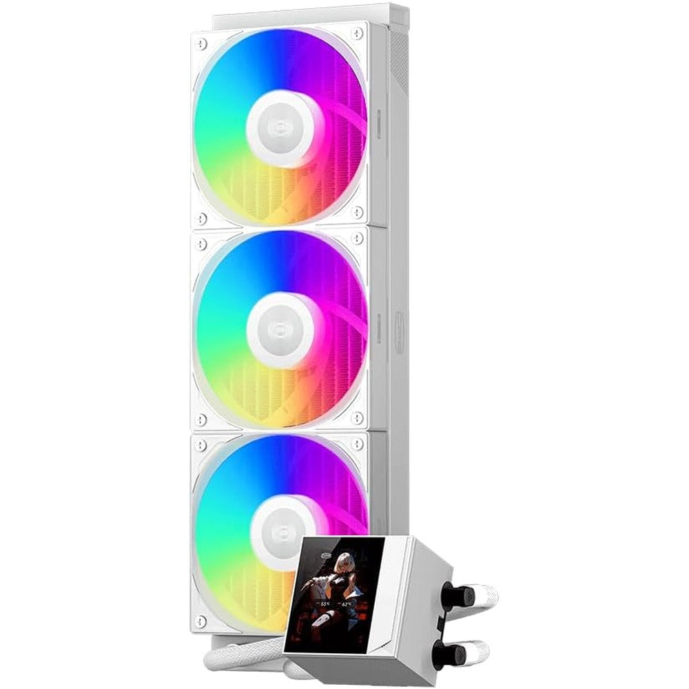 PCCOOLER CPS DC360 Pro White liquid CPU cooler front view showing the 2.4 inch IPS display and triple ARGB fans