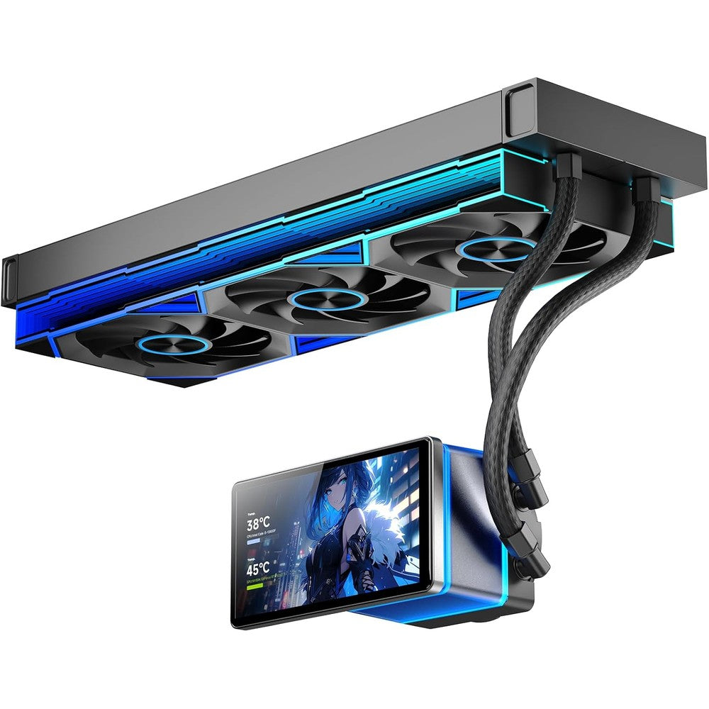 Jungle Leopard PF 360 CPU liquid cooler front view showcasing the large magnetic screen and three infinity mirror fans.