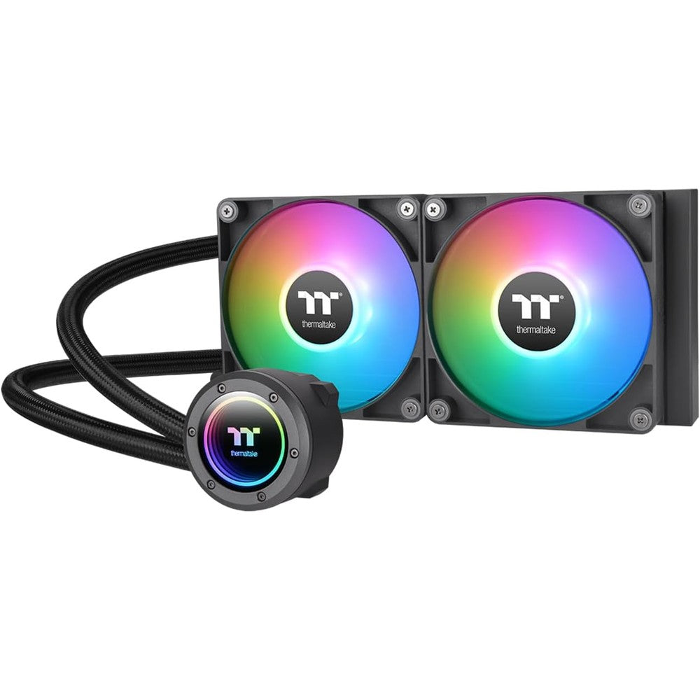 Thermaltake TH240 ARGB Sync Version 2 liquid CPU cooler front view showing the dual fans and infinity mirror pump cap.