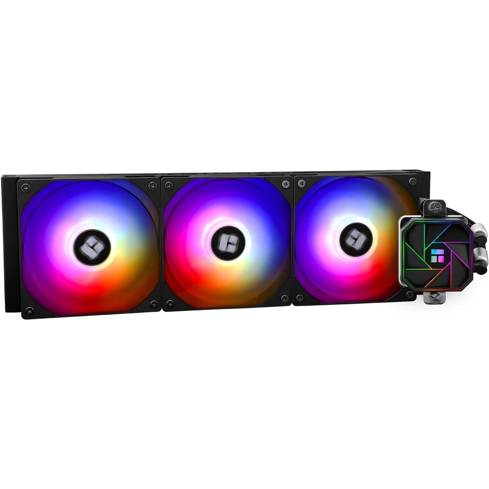 Thermalright Aqua Elite 360 V3 liquid CPU cooler front view showing the octagonal pump head and three illuminated addressable RGB fans.