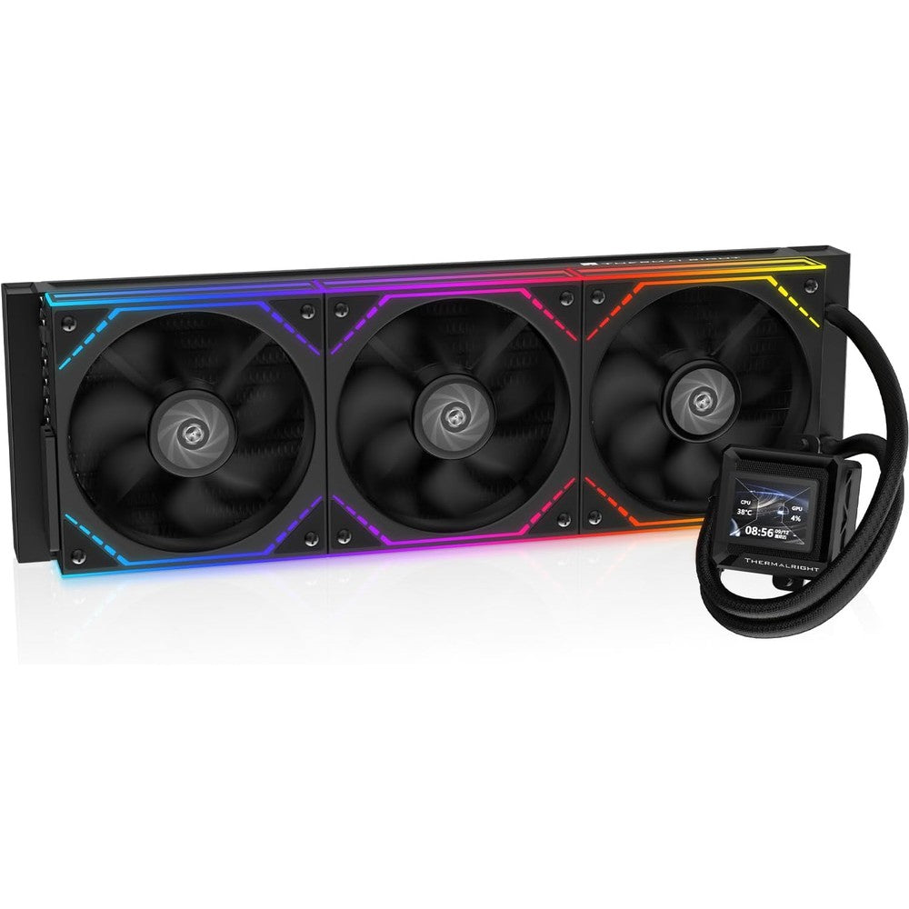 Thermalright FW360 SE ARGB V2 liquid CPU cooler front view showing the triple radiator fans illuminated in custom RGB lighting.