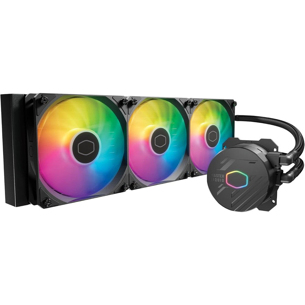 Cooler Master MasterLiquid 360L Core AIO Liquid Cooler front view with glowing ARGB fans and pump head