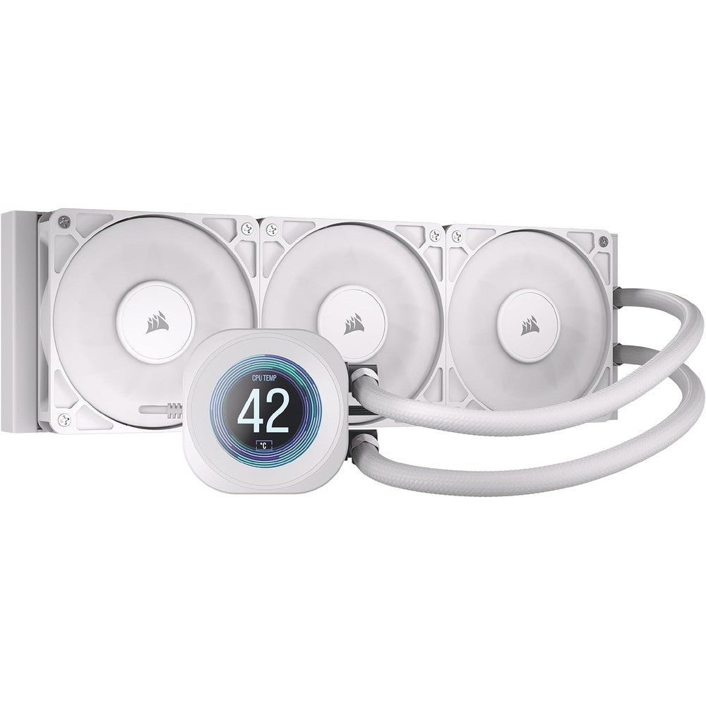 Corsair Nautilus 360 RS LCD liquid CPU cooler in white featuring the 2.1 inch IPS display pump cap and three aligned fans front view