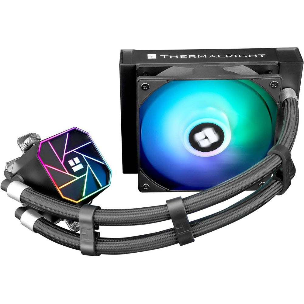 Thermalright Aqua Elite 120 V3 liquid CPU cooler front view showing the glowing ARGB pump head and radiator fan.