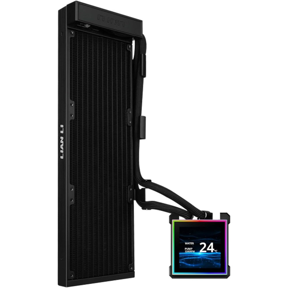 Lian Li Hydroshift II-S LCD 360 liquid CPU cooler front view showing the 3.4 inch square display block and black radiator.