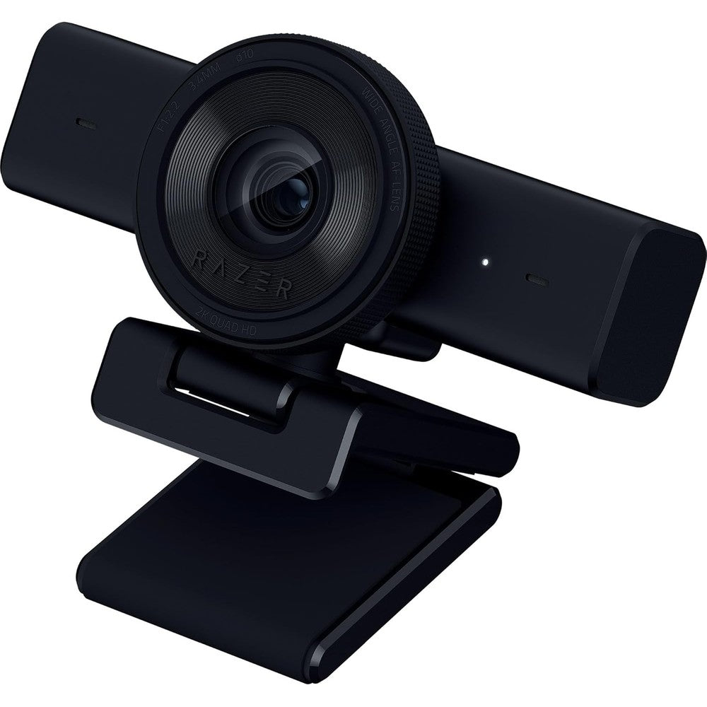 Razer Kiyo V2 X streaming webcam front view showing large lens and sleek black housing.