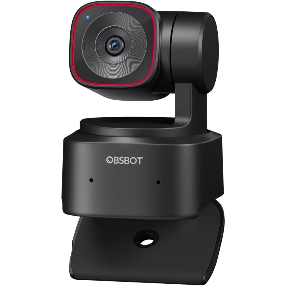 OBSBOT Tiny 2 Lite 4K Webcam front view showing the premium optical lens and dual microphone array.