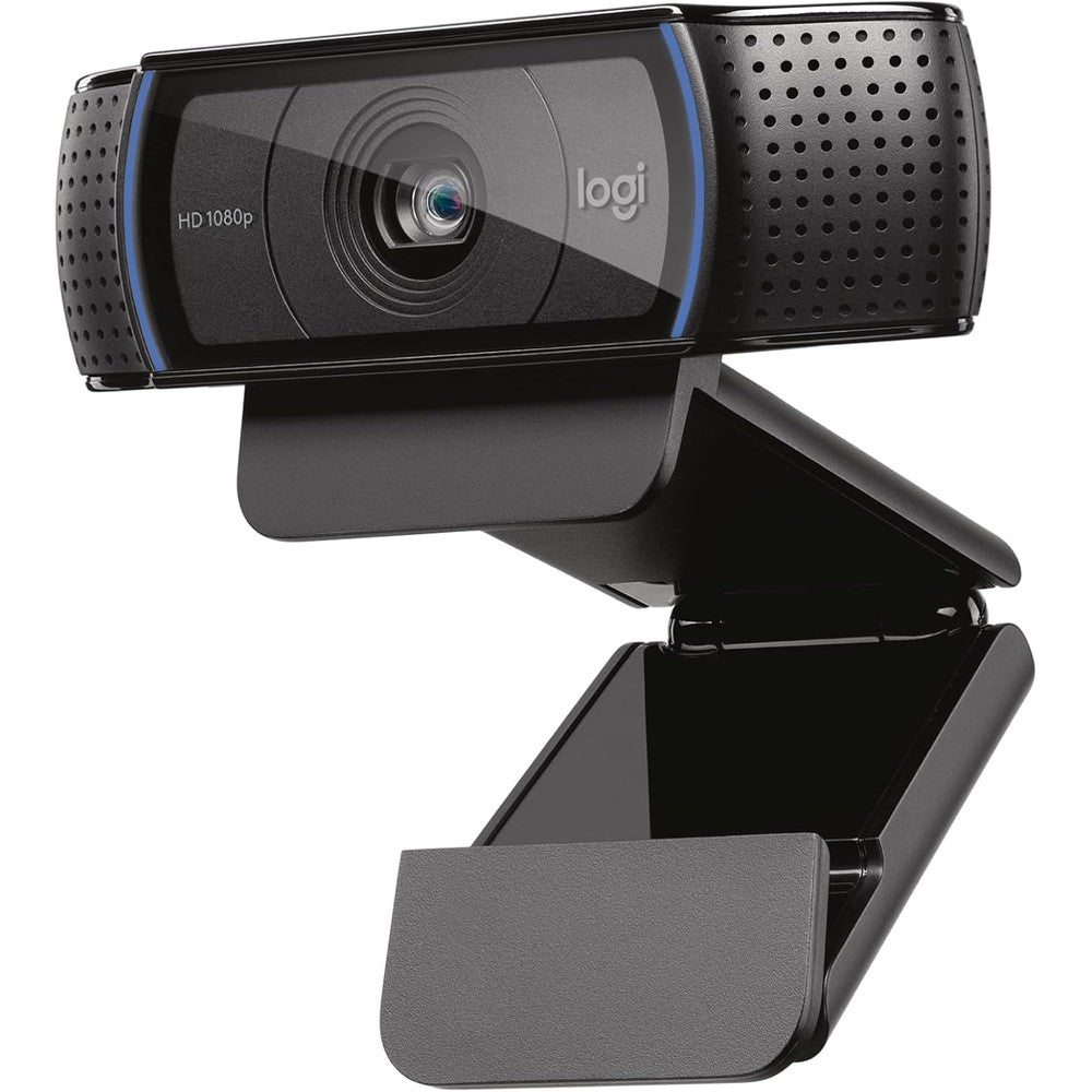 Logitech C920x Pro HD PC Webcam front view showcasing premium five-element glass lens and dual stereo microphones.