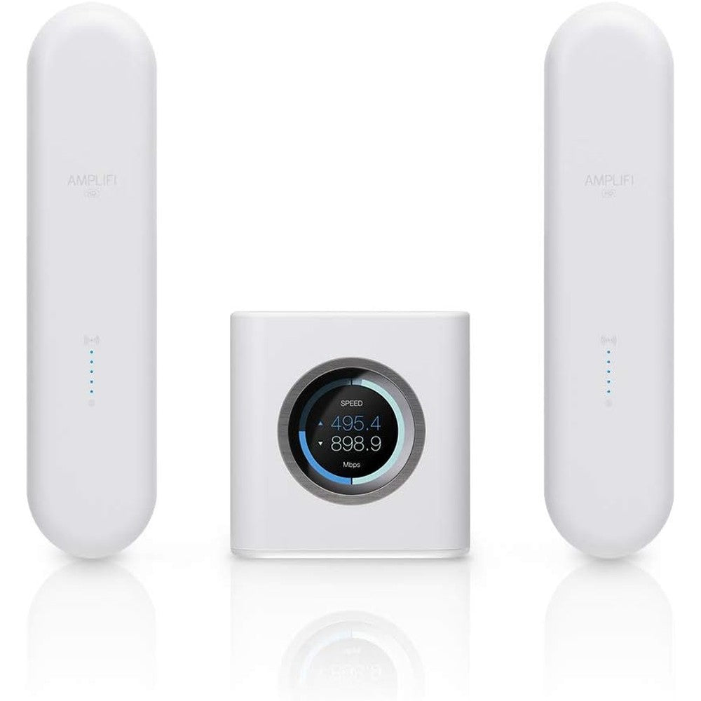 AmpliFi HD Whole Home Mesh WiFi System main white touchscreen router and two plug-in mesh points front view