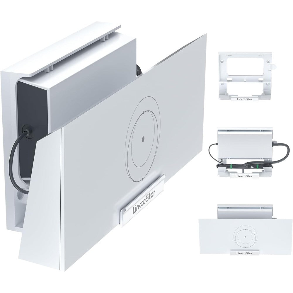 LuxiSync Starlink Gen 3 Router Mount front view showing the 2-in-1 wall bracket holding the white satellite internet router.