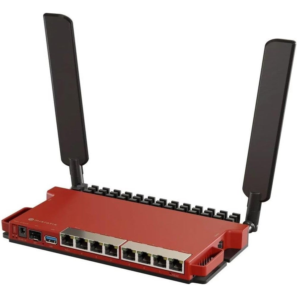 MikroTik L009UiGS-2HaxD wireless router front view showing red enclosure and ethernet ports