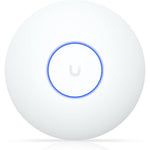 Ubiquiti Networks UniFi U7 Lite wireless access point front view showing sleek circular design with glowing blue status LED ring