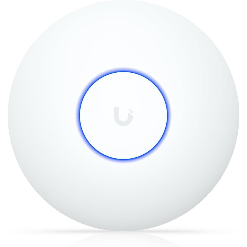 Ubiquiti Networks UniFi U7 Lite wireless access point front view showing sleek circular design with glowing blue status LED ring