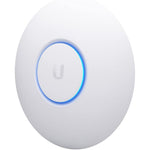 Ubiquiti UniFi nanoHD enterprise access point front view showing circular white profile and blue LED indicator light