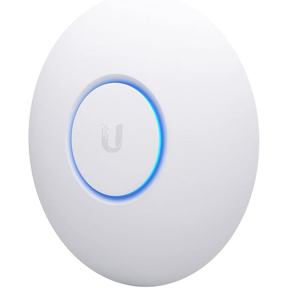 Ubiquiti UniFi nanoHD enterprise access point front view showing circular white profile and blue LED indicator light