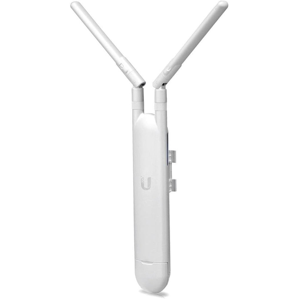 Ubiquiti Networks UniFi AC Mesh access point front view showing sleek white finish and dual antennas.