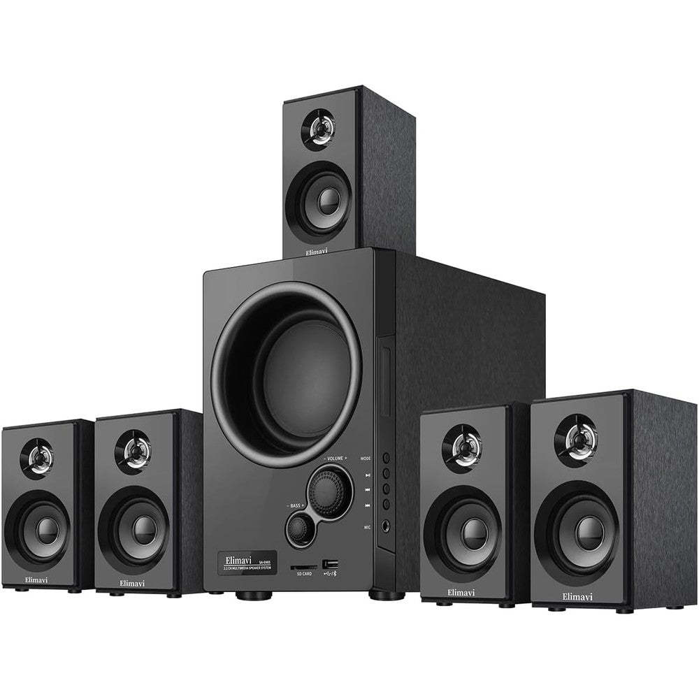Elimavi 5.1 Surround Sound System With 5.5 Inch Subwoofer And Five 2.5 Inch Midrange Satellite Speakers For Home Theater