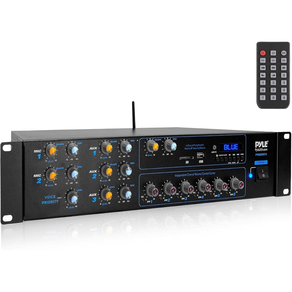 Pyle Rackmount Bluetooth Power Amplifier 4200 Watt Maximum Power 6 Channel Audio Receiver with Mixer Multi Channel Switching and Independent Microp...