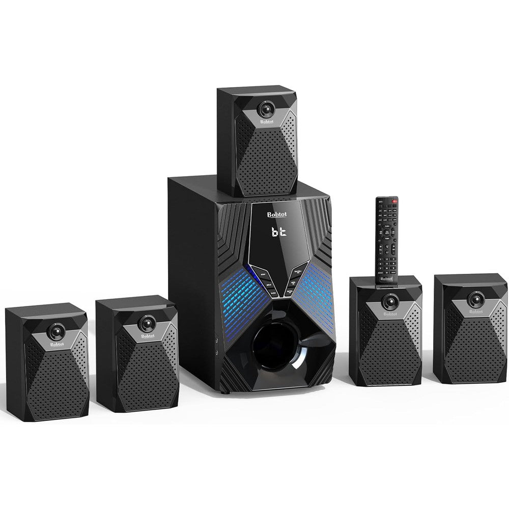 Bobtot 1000W Surround Sound System With 5 Wired Satellite Speakers And 8 Inch Subwoofer 5.1 And 2.1 Channel Home Theater System Black