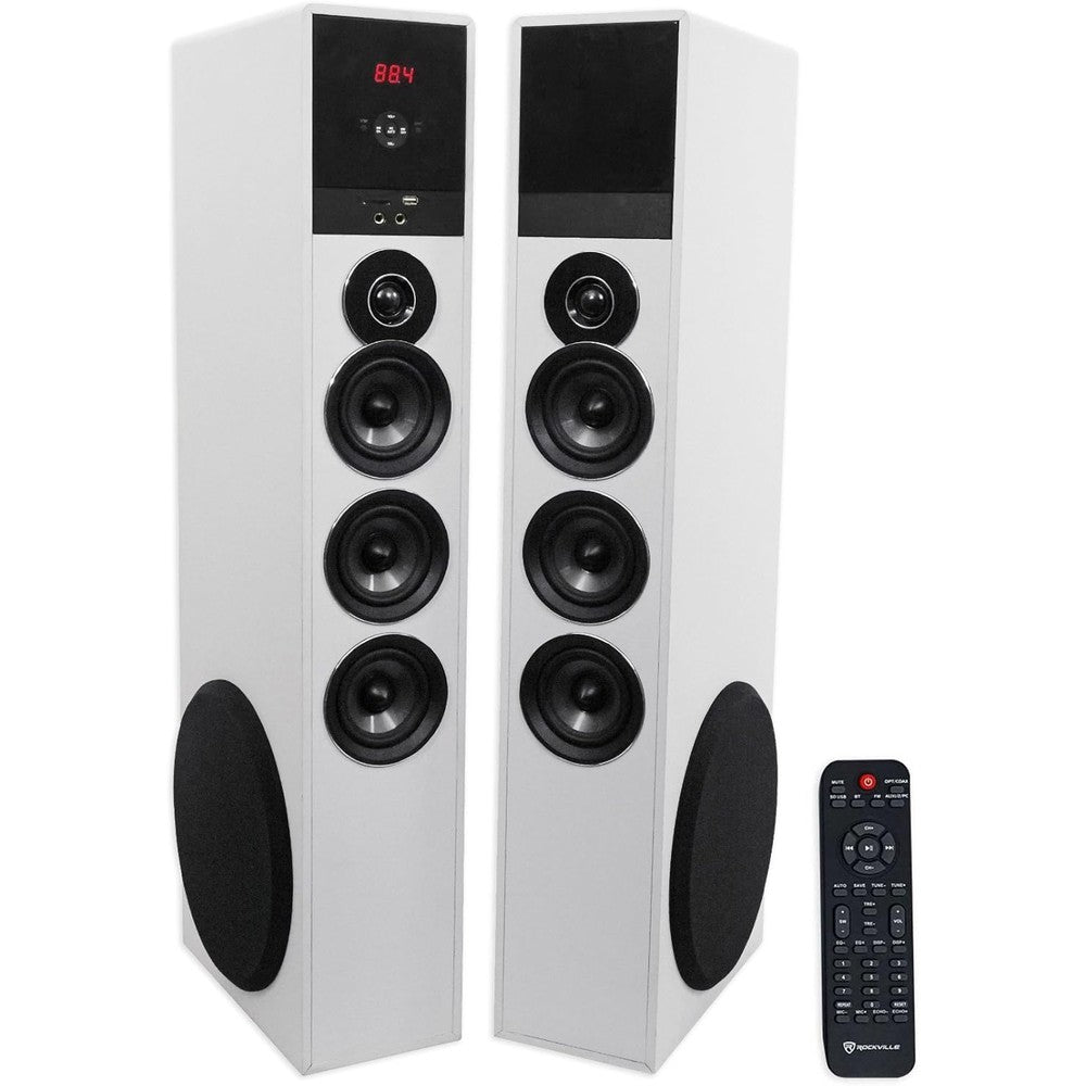 Rockville TM150W Powered Home Theater Tower Speaker System White 1000 Watt Peak Power Dual 10 Inch Subwoofers Bluetooth Karaoke Ready