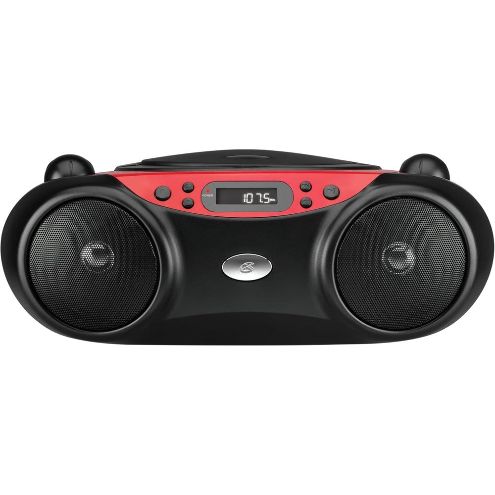 Gpx portable top loading CD boombox front view red and black