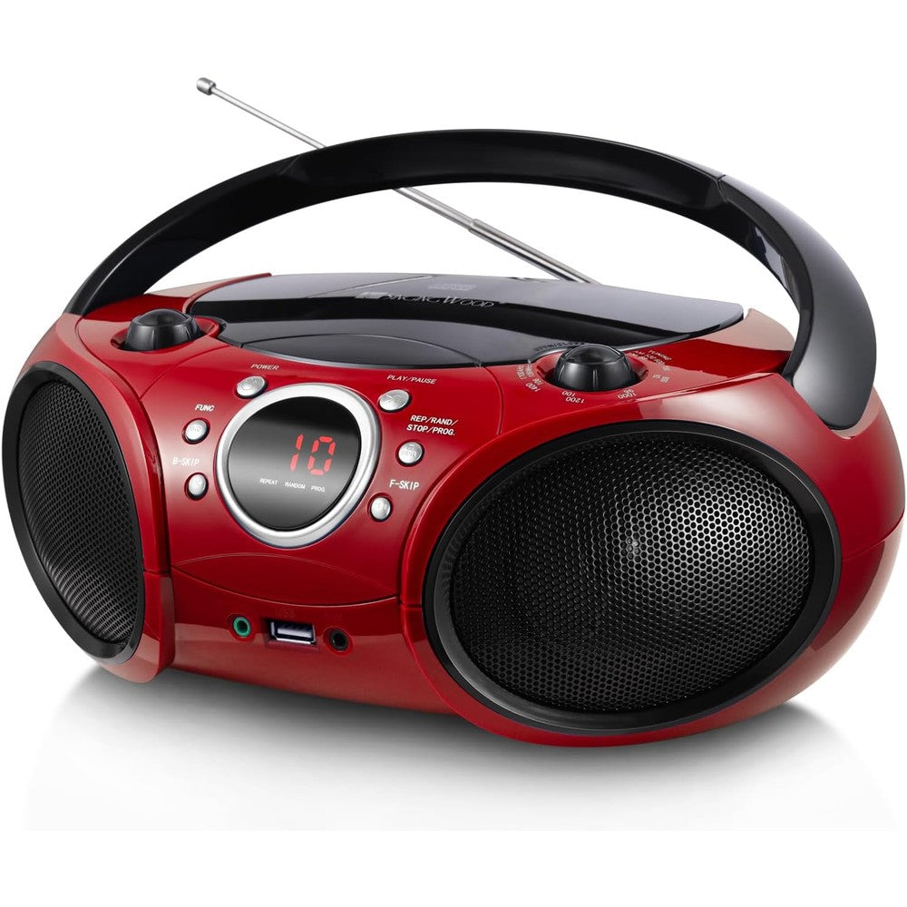 Singing Wood portable CD player boombox in Firemist Red front view
