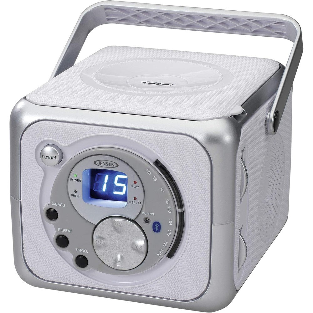 Jensen CD555 Portable Bluetooth Boombox in silver front view