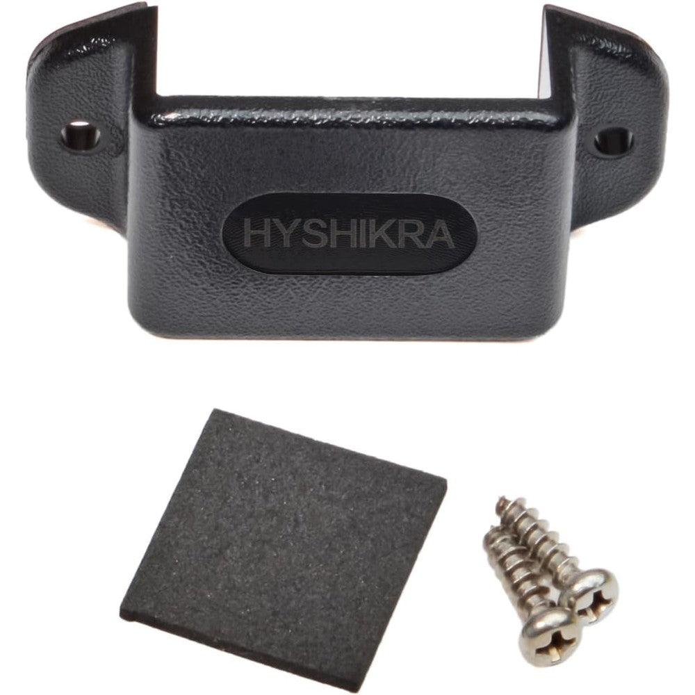 HYSHIKRA universal ham radio hanger holder mount front view showing the compact black polycarbonate clip bracket.