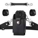 abcGoodefg leather radio holster set front view showing black heavy duty leather strap and holder combo