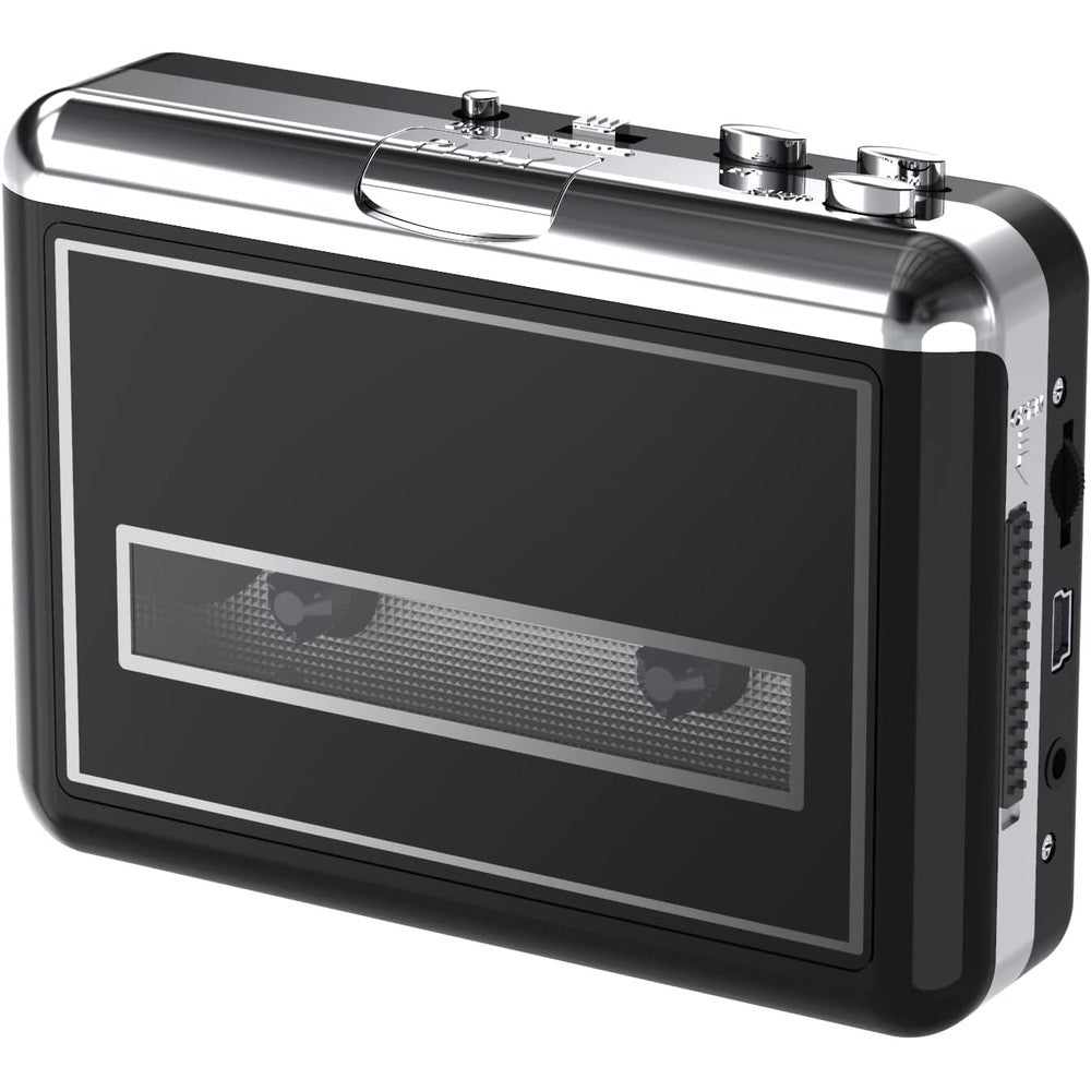 Mersoco portable cassette player and tape converter front view showing retro black casing and control buttons.