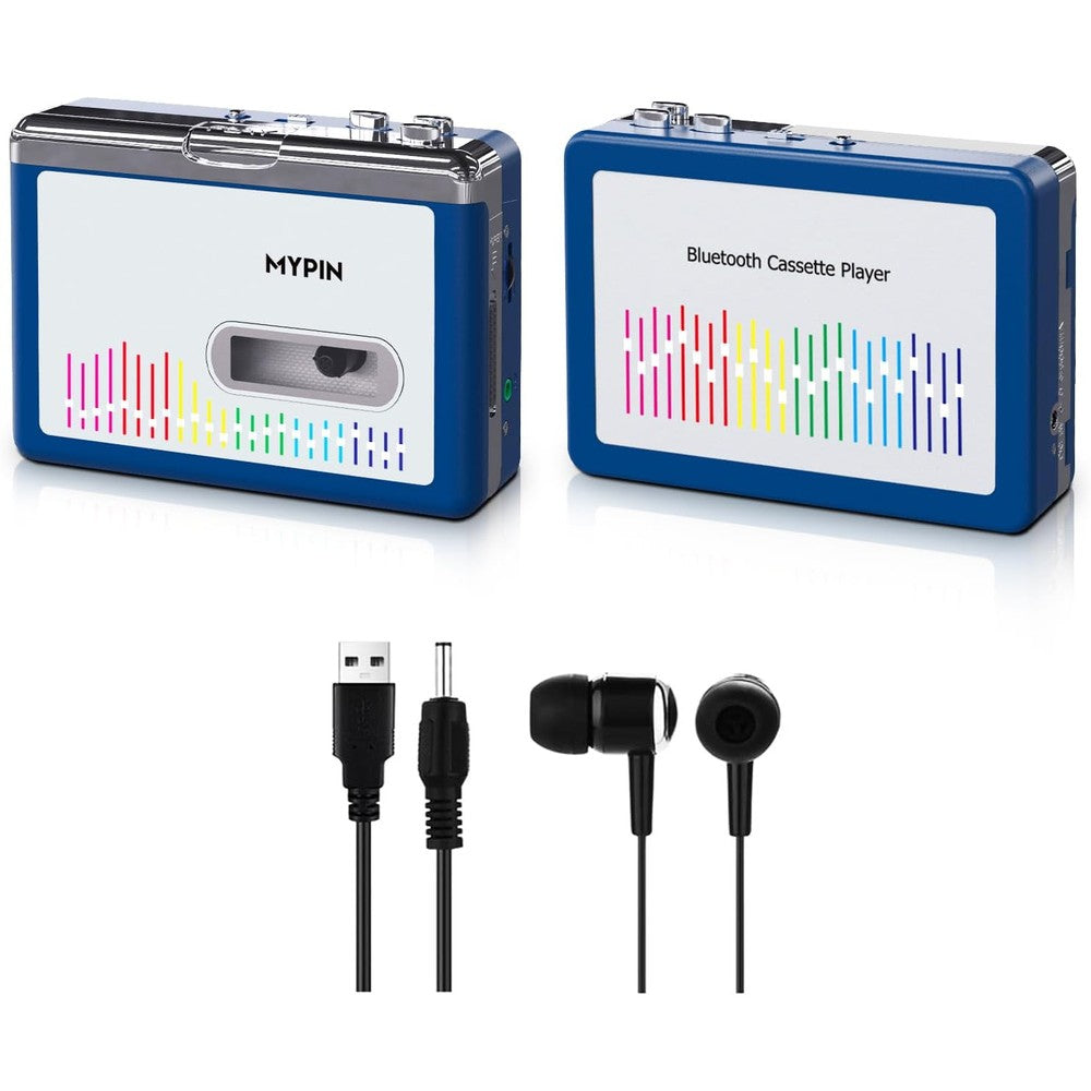 MYPIN Bluetooth Cassette Player front view showing white and blue design