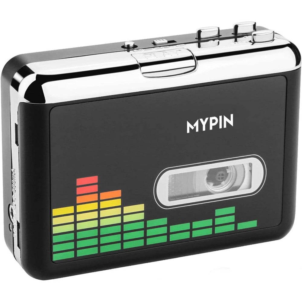 MYPIN USB cassette to MP3 converter front view showing black casing with chrome finish accents.