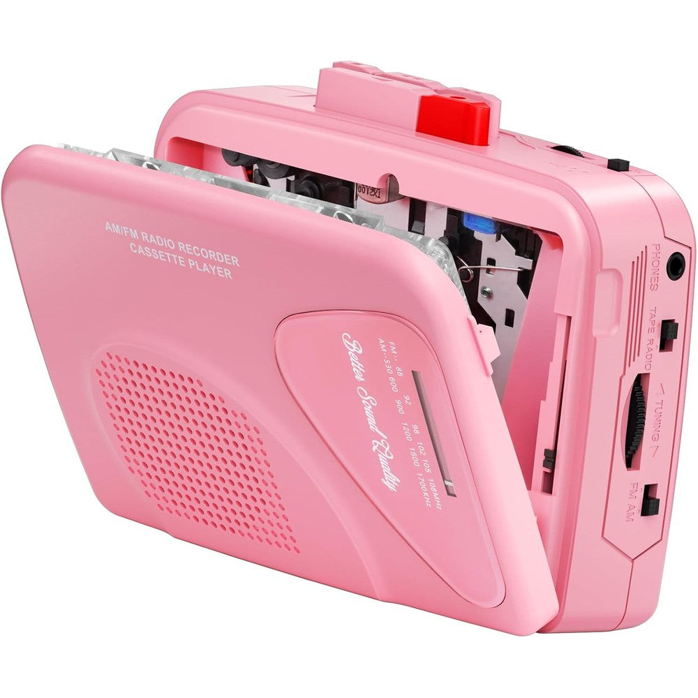Mersoco portable cassette player front view showing pink retro housing and analog control buttons.