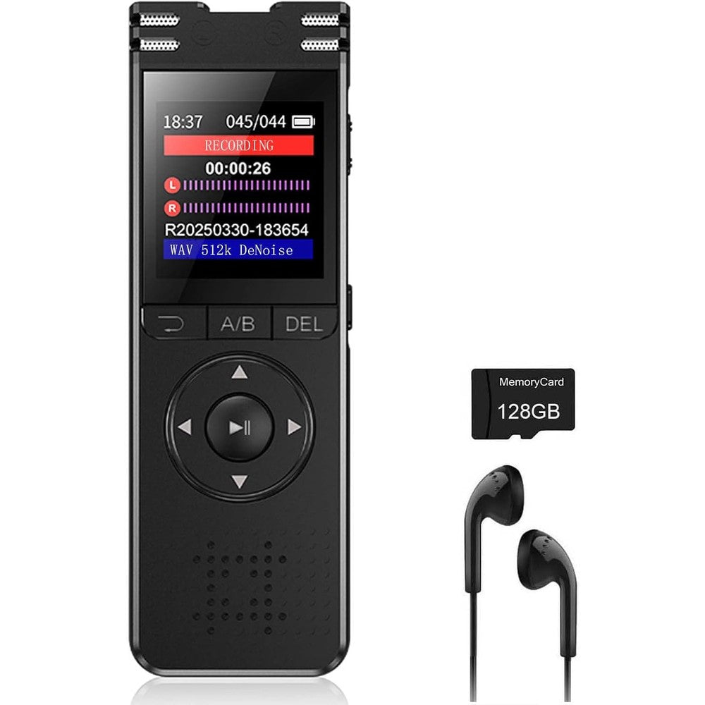 Arungo digital voice recorder front view showing black casing and LCD screen tracking status