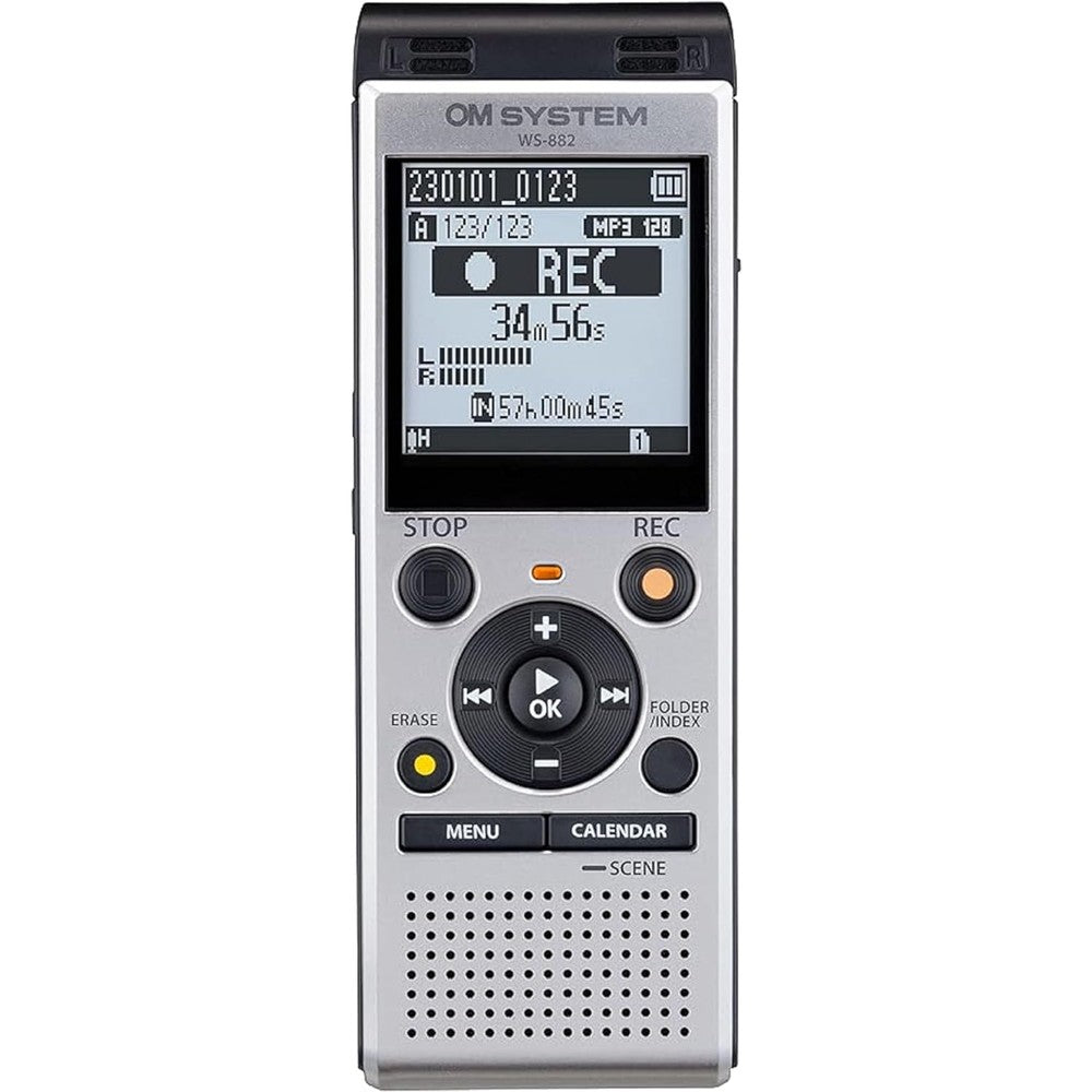 OM SYSTEM Olympus WS-882 digital voice recorder front view showing digital display screen and button layout.