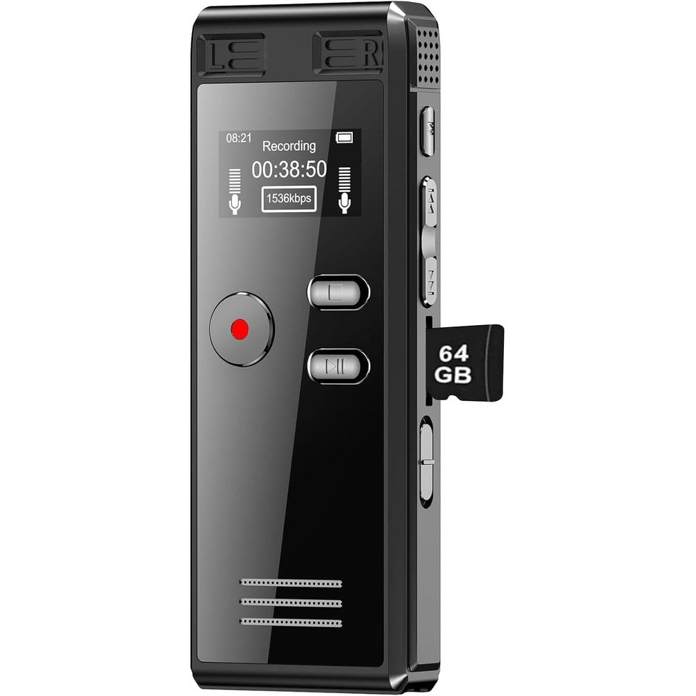 Crosseagle 64GB digital voice activated recorder front view showing digital screen display