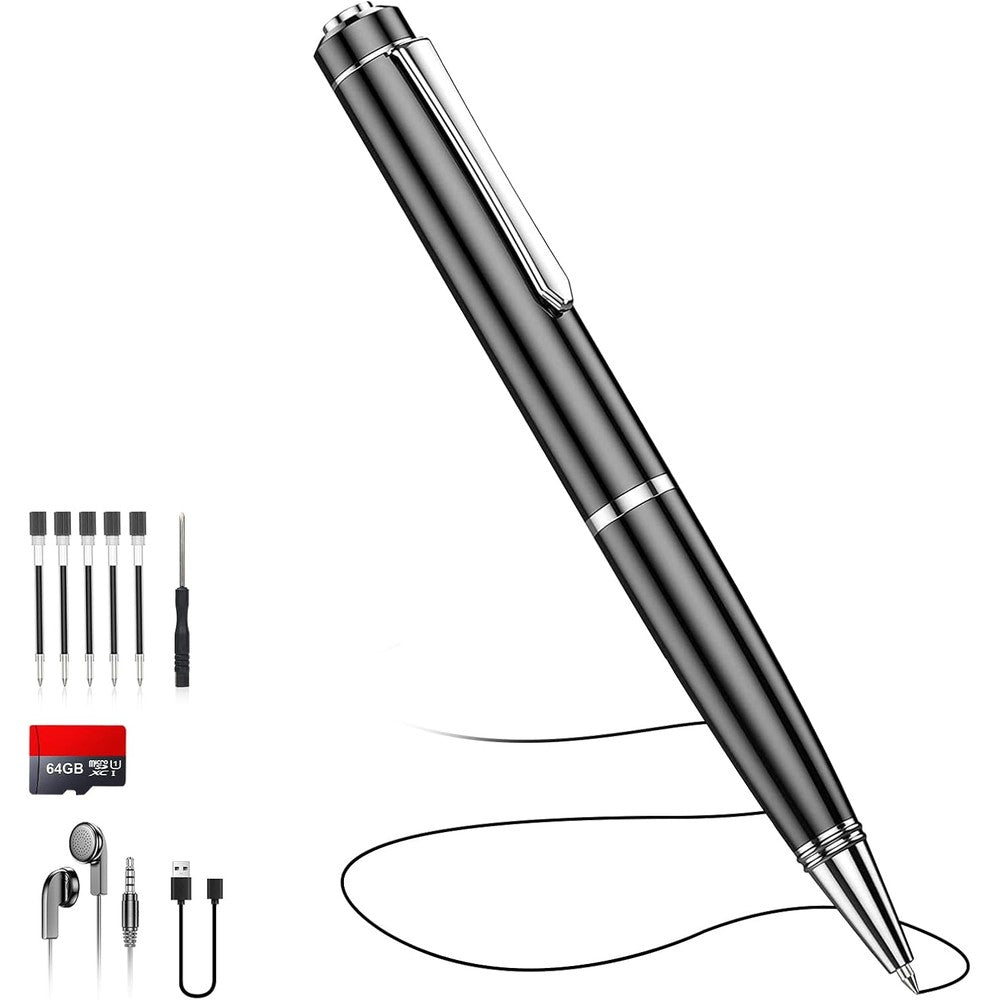 Qunifyed 64GB digital voice recorder pen front view showing premium sleek black design.