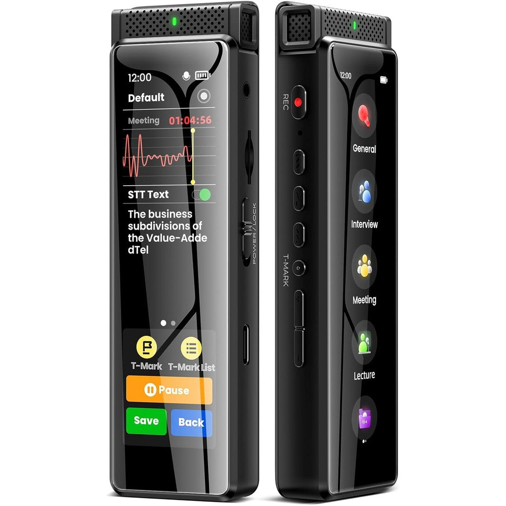 Innioasis R1 digital voice recorder front view showing touchscreen menu layout